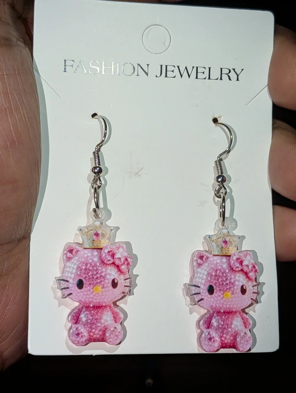 Hand Crafted Pink Kitty Crown Dangle Earrings - Picture 3 of 7